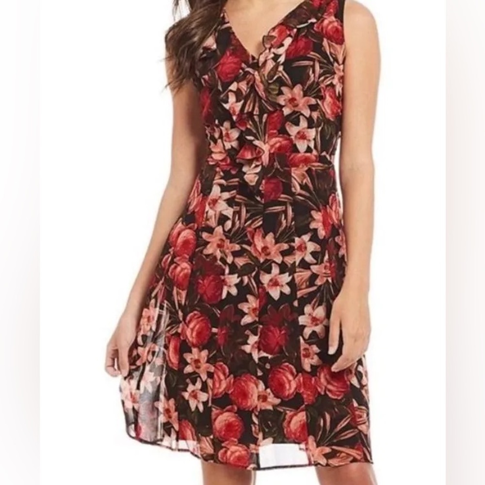 Karl Lagerfeld Red and Pink Sleeveless V-Neck Dress